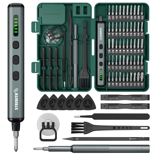 Image of STREBITO Mini Electric Screwdriver, 67 in 1 Precision Screwdriver Set - 50 S2 Magnetic Bits, 5 Torque Settings, 4 LED Lights, Electric Screwdriver Cordless for Electronics, PC, and Eyeglass