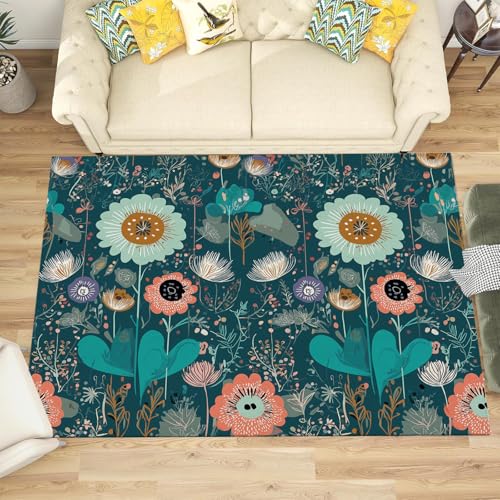 Tapis poils courts bohème lavable 240x300cm floral sarcelle - 3