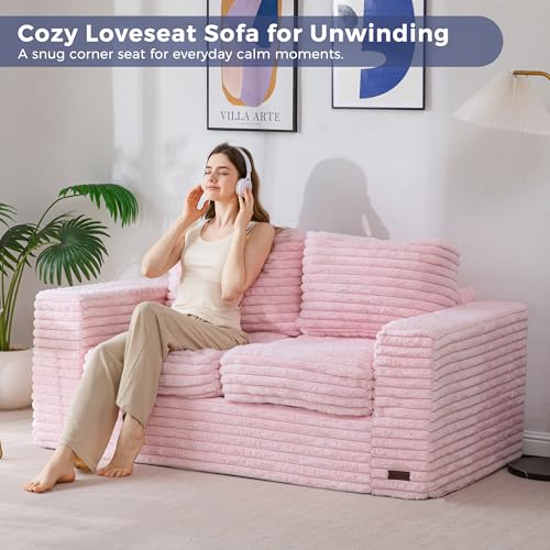 Image of MAXYOYO Loveseat Sofa Couch, Upholstered Bean Bag Chair Cloud Seat for Adults, Boneless Couch with Cushion & Pillows, Sofa in A Box, No Assembly Required, Faux Fur Pink