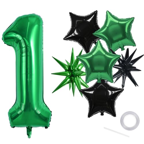 Image of TONIFUL 1st Birthday Balloons 40 Inch Green Large Number 1 Foil Balloon 18 Inch Helium Mylar Heart Star Shaped Ballons for Boys Men Birthday Anniversary Graduation New Year Eve Party Decoration