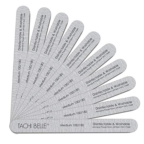 Tachibelle 10 Pcs Premium JAPAN Abrasive 100/180 Medium Disinfectable Washable Zebra Perfect Files for Natural Nails