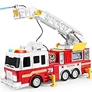 JOYIN Large fire engine toy from 2 3 4 years, with 83 cm ladder, toy car, fire brigade, ectric buttons, lights, sirens, swivel hose reel and removable water pump