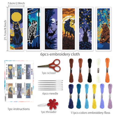 Image of BEUNITONE 6 Pcs Cross Stitch Bookmark Kit for Beginner Black Moon Animals Counted Cross Stitch Kit with Instruction Stamped Embroidery Bookmarks Handmade for DIY Crafts Book Lovers 8.5''x3''