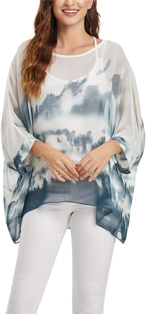Womens Summer Printed Batwing Sleeve Top Chiffon Poncho Casual Loose Sheer Blouse Shirt - Image 2