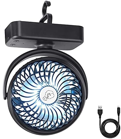REENUO 5000mAh Camping Fan with LED Lights, 40 Hours Max Working Time Tent Fan with Hanging Hook, Rechargeable Battery Operated Desk Fan for Home & Office