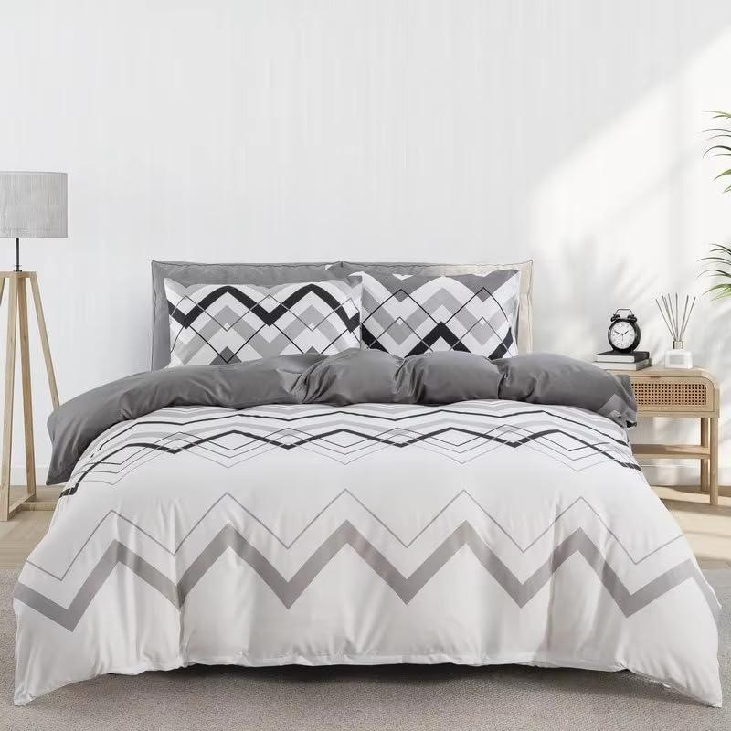 Housse de couette 240x220 microfibre ultra douce parure de lit géométrique zippée grise