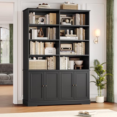 FOTOSOK 73" Black Bookshelf, Tall Bookshelf with Doors, 47.2" Double Wide Bookshelves and Bookcases with Storage, Farmhouse Bookshelf Large Open Book Shelf Storage Cabinets for Home Office