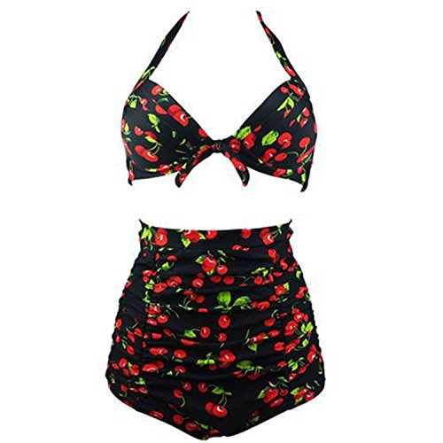 Waroom 2018 Vintage Ruched 50s Womens Traje de baño de Talle Alto - Solid Acanalada Halter Bow Bikini de Dos Piezas - Wave Retro Puntos de Mujer Conservative Split Swimwear (S, Cherry)