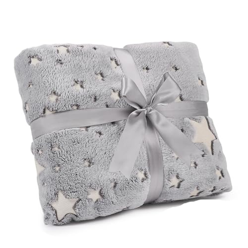 Exqline Glow in the Dark Star Blanket - Soft Microfiber Flannel Throw for Boys and Girls - Fleece for All Seasons, Grey (127 x 152cm)