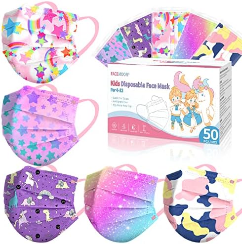 Kids Disposable Face Masks Girls - 50 Pack Kids Mask Disposable Children Small Size Unicorn Face Mask 3 Ply Cubrebocas Para Niños Individually Wrapped