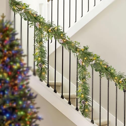 Flopttsun 6FT Christmas Garlands with 20 LED Lights,Prelit Articial Spruce Garland with Eucalyptus Berry Pinecone,Battery Operated for Stair Winter Indoor Home Decor by Flopttsun - Image 5