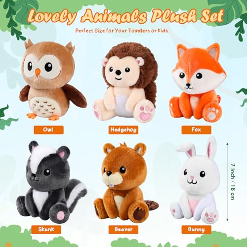 Image of RoundFunny 6 Pcs Safari Animals Toys 7 inch Stuffed Animals Set | Owl Rabbit Fox Beaver Hedgehog Skunk Large Animals Plush Toy for Safari Baby Showers Party Decor, Birthday Gifts Awards