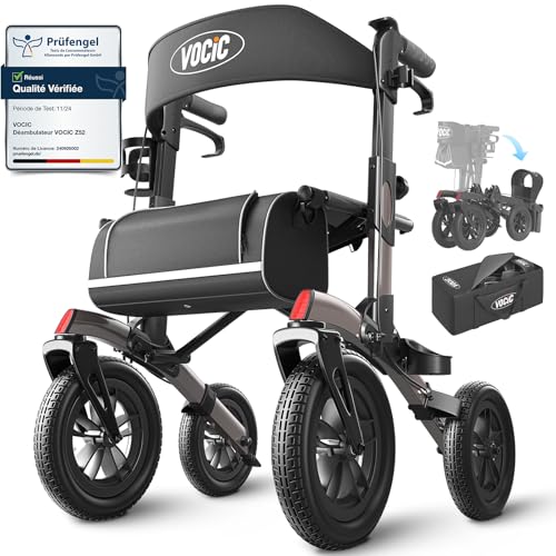 VOCIC Deambulateur 4 roues pliable leger pour personnes âgées,Deambulateur avec assise et panier,Déambulateur en aluminium réglable en hauteur pour l'extérieur et les voyages,Gris(Garantie 5 ans)