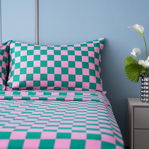 Image of Best Season Bed Sheet Set 3 Pieces -Twin Size-Soft Durable Microfiber Bedding Sheet Set,Deep Pocket,Stain,Fade & Wrinkle Resistant (Plaid Pink&Green)