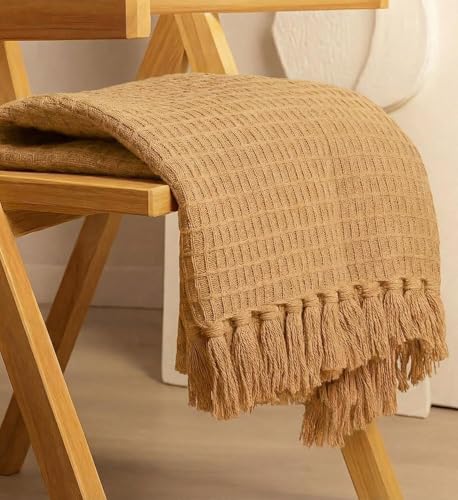 Image of 100% Cotton Waffle Weave Sofa Throw Blanket 50x60 Inches or 125x150 cms Lightweight, Soft & Breathable Couch, Bed or Chair Throw Blanket for Living or Bedroom, Dark Beige