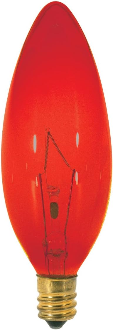 Satco S3219 25 Watt B9.5 Incandescent 120 Volt Candelabra Base Light Bulb, Transparent Red