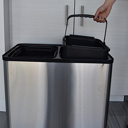 Image of iTouchless 16 Gallon Touchless Sensor Kitchen Trash Can and Recycle Bin with Wheels, 61 Liter Stainless Steel Dual-Compartment (2 x 8 Gallon) Combo Recycling and Garbage Trashcan