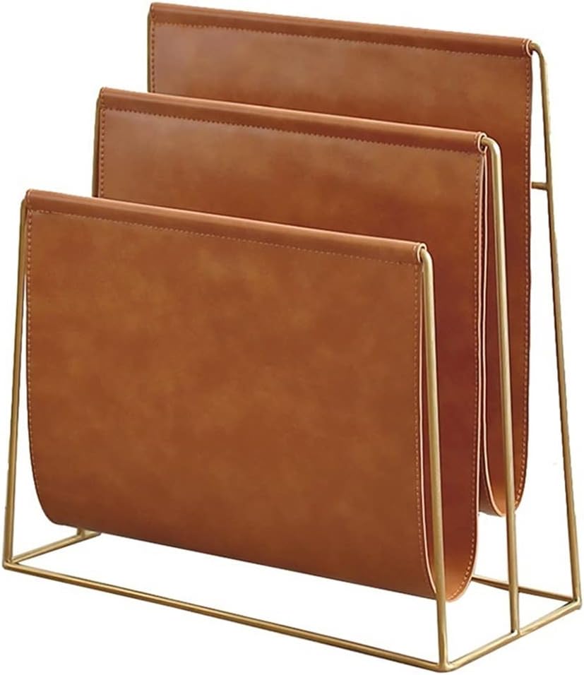 Modern PU Leather Magazine Holder Living Room Metal Newspaper Rack Sofa-Side Newspaper Stand Bedroom Magazine Rack Office Book and Newspaper Storage Rack (Color : Brown, Size : 40 * 37 * 18C