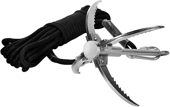 CYFIE Grappling Hook with 10m/33ft 8mm Auxiliary Rope, Stainless Steel Claw Carabiner for Outdoor Activity, Camping, Hiking, Branch Removal, Magnet Fishing Tool