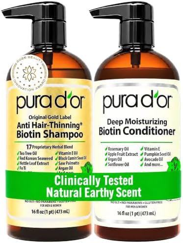 PURA D'OR Gold Label Anti-Thinning Deep Moisturizing Therapy Shampoo & Conditioner Set, Clinically Tested Effective Solution, Infused with Organic & Natural Ingredients for All Hair Types, Men & Women