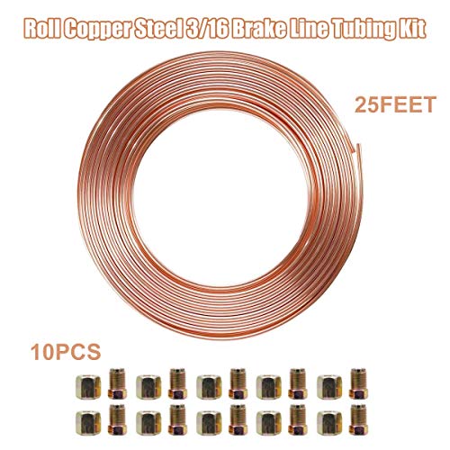 SANWAN - Juego de cables de freno de 3/16 pulgadas de acero interior para coche, tubo de aceite de freno de cobre, 10 m, rollo con 20 tuercas macho y hembra