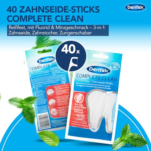 DenTek Complete Clean Zahnseide Sticks (40 Stk.) – Zahnsticks mit Minzgeschmack – Für Zahnzwischenräume – Flosser mit Zungenschaber und Zahnstocher für frischen Atem und Zahngesundheit