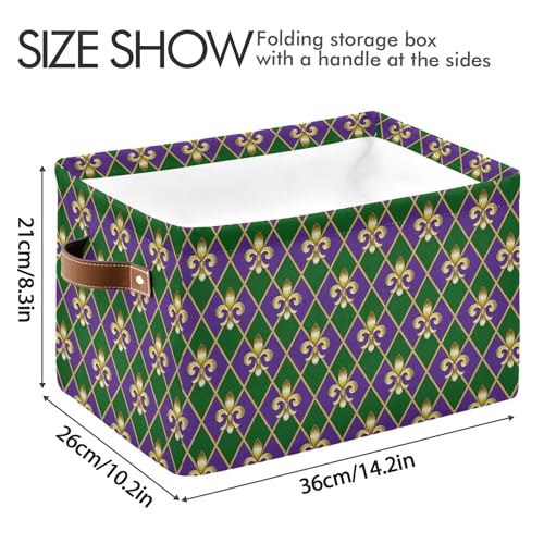 Image of Happy Mardi Gras Green Purple Storage Basket with Waterproof Liner and PU Handles Fleur de Lis Buffalo Plaid Storage Bins Boxes 14.2 inch Collapsible Decorative Organizer Baskets for Bedroom Office 2 Pack