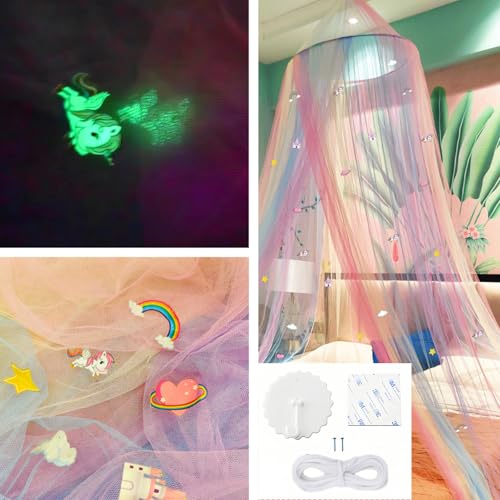 Image of Rainbow Bed Canopy Mosquito Net, Princess Bed Canopy for Girls Room Decor or Unicorn Theme Party(Rainbow,with Unicorn Castle Glow in the Dark)
