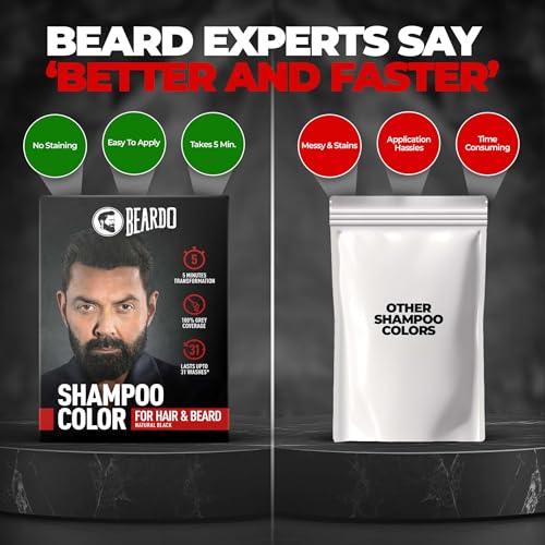 Image of BEARDO Beard & Hair Shampoo Color | Natural Black | 100% Grey Coverage | 5 Minute Hair Colour | Ammonia Free | With Natural Actives | No Stain Beard Colour | 20ml X 5
