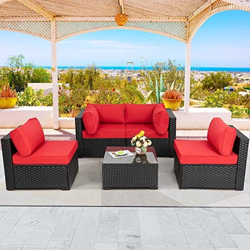 JAMFLY Patio Furniture Sets, 5 Pieces Outdoor Furniture Patio Sectional Sofa Set, Black Wicker Rattan Conversation Sets with Glass Table and Cushions, Red