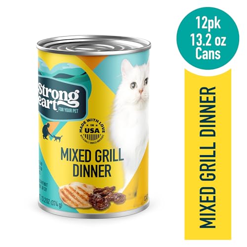 Image of A Strong Heart Canned Wet Cat Food, Mixed Grill Dinner Pate - Chicken, Liver & Turkey - Complete & Balanced for Adult Cats, Made in USA - 13.2 oz Cans, Pack of 12