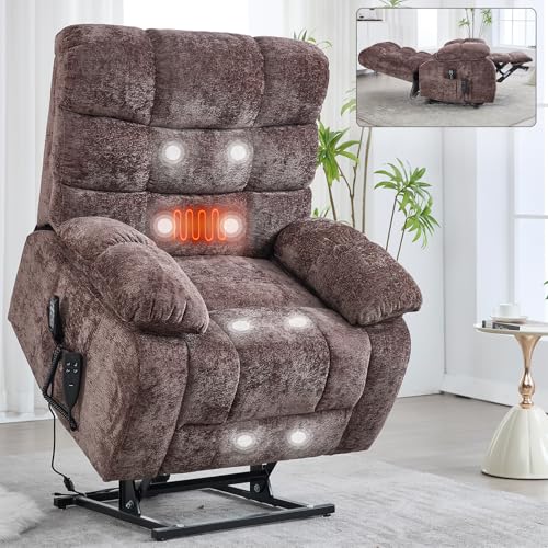KEIKI Oversized Dual Motor Power Lift Recliner Chair for Elderly, Chenille Upholstery Breathable Rocking Chair with Back Massager and Heated, Relaxation Corner in Living Room Space, Brown