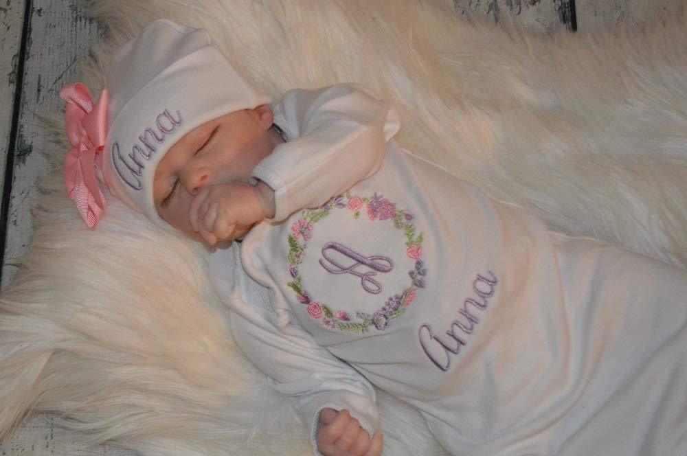 Personalized Baby Girl Outfit, Newborn Gown and Hat Monogrammed, Purple Pink Flower Set