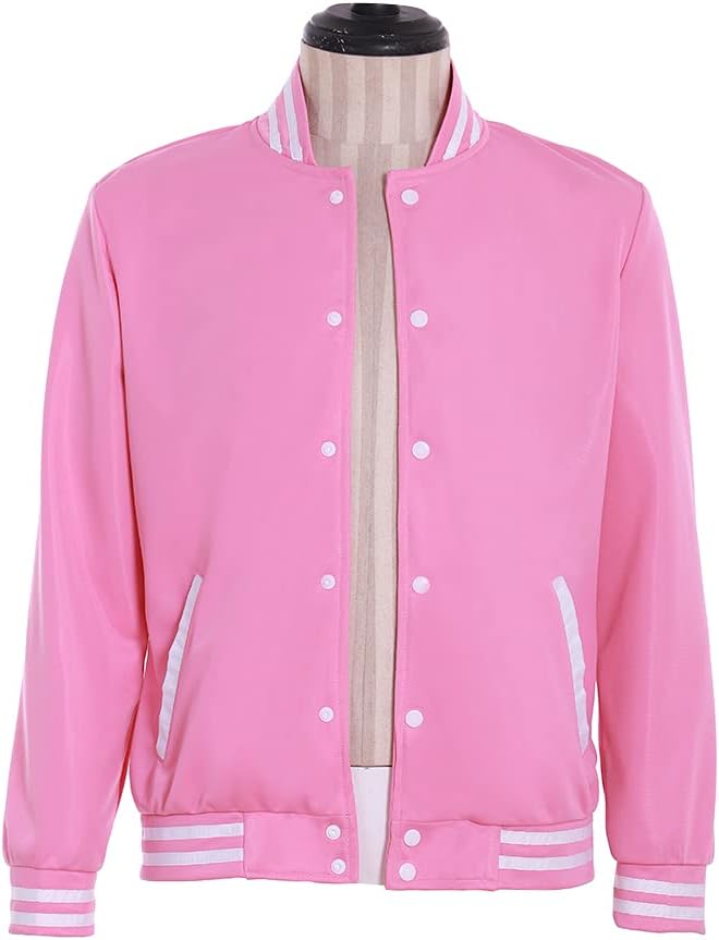 Men's Pink Baseball Jacket Button up Varsity Coat School Uniform Sportswear Casual Top