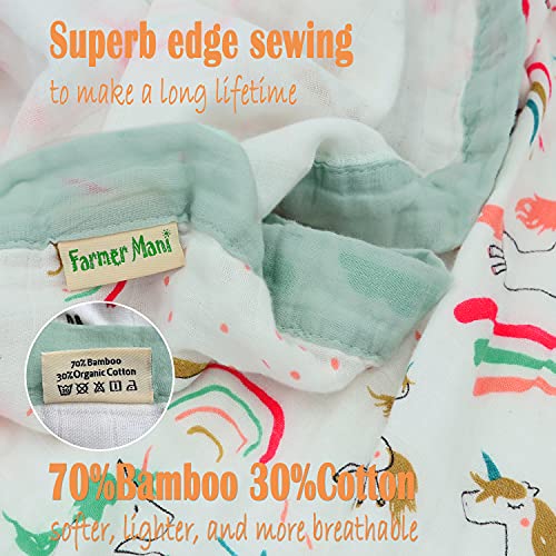 Muslin Soft Swaddle Blankets, Muslin Quilt Baby Blanket For Boy Girl Toddler Daycare, Multiple Layer Swaddle Wrap, 70% Bamboo 30% Cotton, Practical Size 43X45Inchs (Rainbow Unicorn) #TOP2