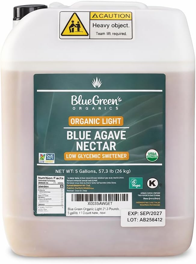 BLUE GREEN ORGANICS 57.3 lb Light Blue Agave , 5 Gallon Bulk Organic Sweetener , Low Glycemic Sugar Alternative for Restaurants & Catering , Mild Flavor Liquid Sweetener , Plant-Based, Gluten-Free & Halal