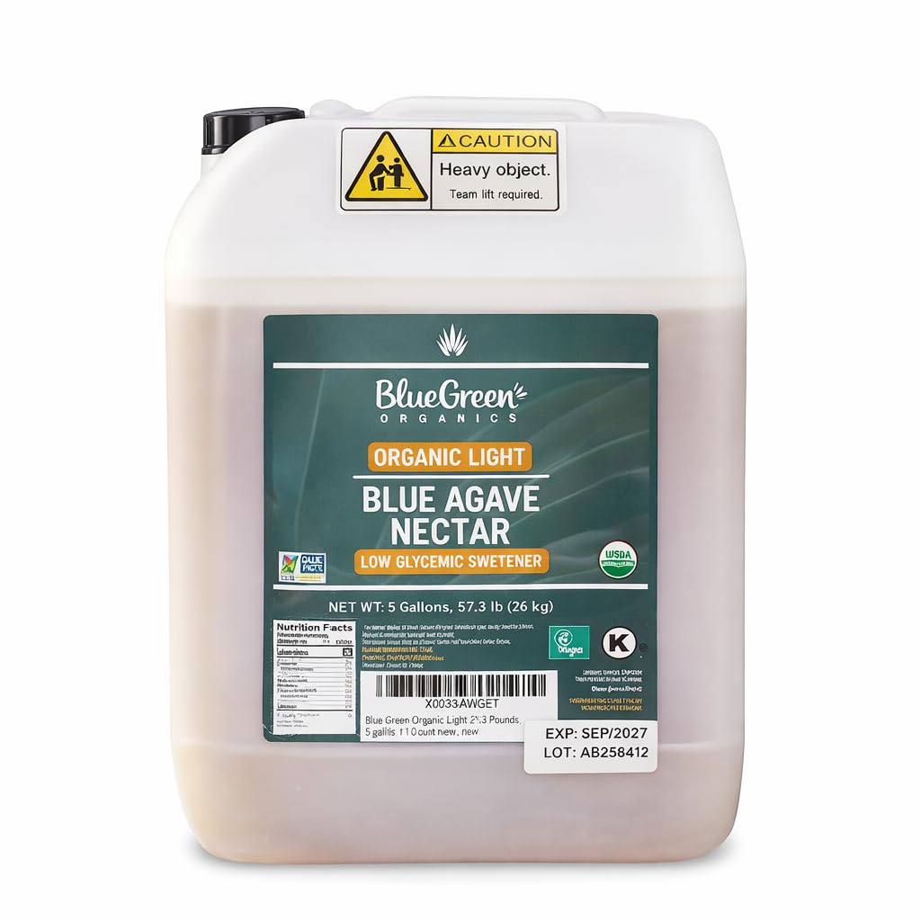BLUE GREEN ORGANICS 57.3 lb Raw Blue Agave , 5 Gallon Bulk Organic Sweetener , Low Glycemic Index Sugar Alternative for Coffee, Tea & Smoothies , Unrefined & Plant-Based , Best Value for Home & Professional Use