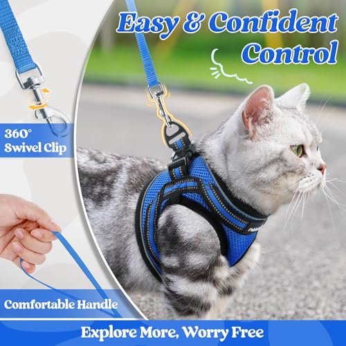 Image of rabbitgoo Cat Harness and Leash Set, Step-in Soft Vest, Blue | Escape Proof, Lightweight, Easy-on & Adjustable, Hook & Loop with Buckle, Reflective, for Kittens & Small Cats Walks, S