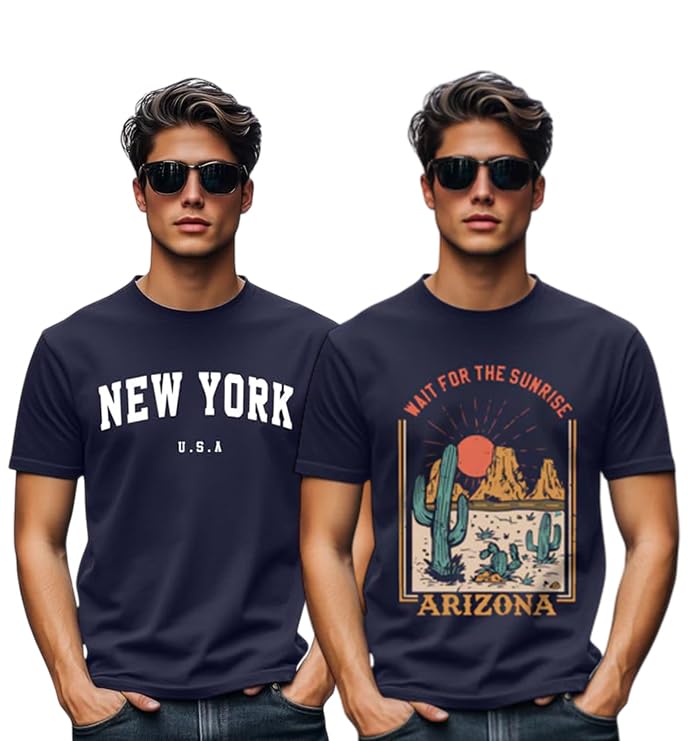 Image of Veirdo 100% Pure Cotton Regular Fit Cool & Trendy Front Printed Half Sleeve T-Shirt Combo for Men (Available Colors: Black, Navy, Swanwhite, White & Green)