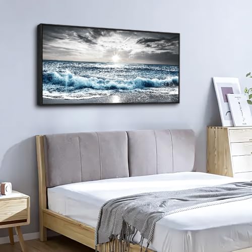 KELIYUAN Large Canvas Wall Decor For Living Room Wall Art For Bedroom Office Wall Decorations Black Frame Beach Wave Scenery Pictures Artwork For Modern Stretched and Framed Beach Posters 24"X48"