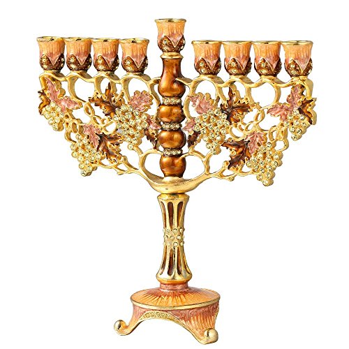 Matashi 7.25 Inch Tall Hand Painted Enamel Menorah Candelabra Embellished with an Intertwining Vineyard Design with Gold Accents and Crystals