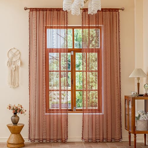 Image of MYSKY HOME Terracotta Boho Lace Sheer Curtains 90 inch Length 2 Panels Burnt Orange Floral Vintage Bohemian Crochet Geometry Curtains with Tassels for Living Room Bedroom Rod Pocket Home Decor, 55 inch W