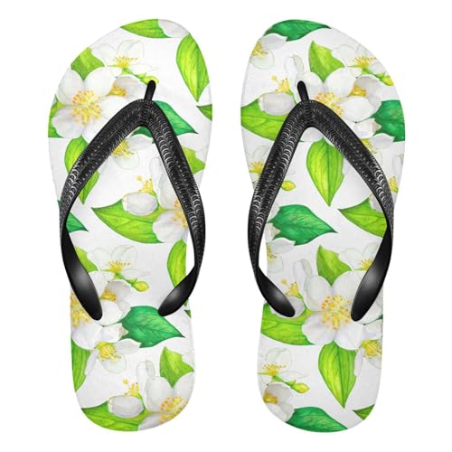 Jasmine Flower Leaves White Flip Flops for Beach Thong Sandals Anti-slip Lightweight Beach Slippers for Travel Summer Outdoor