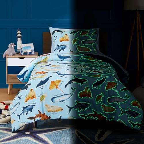 Image of Twin Comforter Set for Boys-5 Pieces Ocean Glow in the Dark Bedding Set