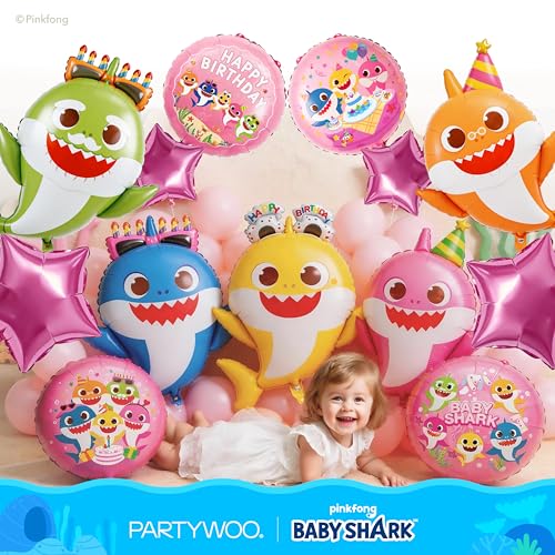 Image of PartyWoo Baby Shark Family Foil Balloons 13pcs Baby Shark Family Pink Round Star Mylar Helium Balloons for Boys and Girls Birthday Decorations Under the Sea Ocean Kids Birthday Party Decorations