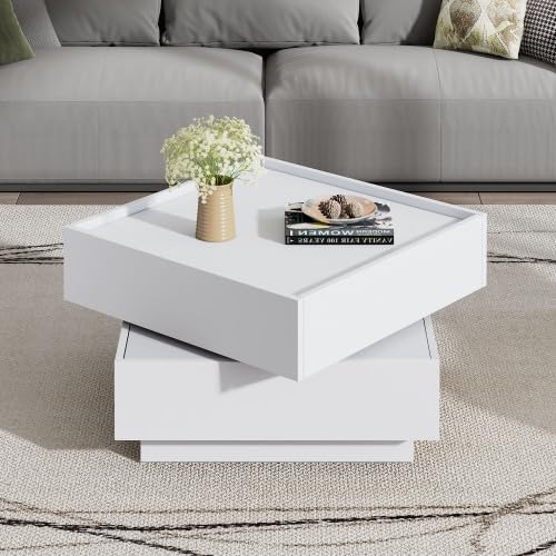 Merax Tavolino da salotto 60 x 60 x 38 cm per soggiorno, girevole a 360°, tavolo da soggiorno con 2 ripiani e vano portaoggetti