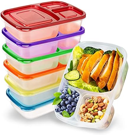 Vonhen 7 Pack Bento Lunch Boxes Reusable 3 Compartment Meal Prep Containers - Leakproof Lunch Container with Lids for Work, and Travel