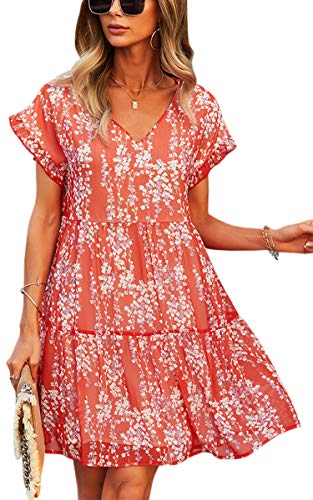 Cctoo Women’s Summer Dress Sleeveless Ruffle V Neck Tunic Dress Floral Casual Loose Flowy Mini Dress 058 Red X-Large #TOP12