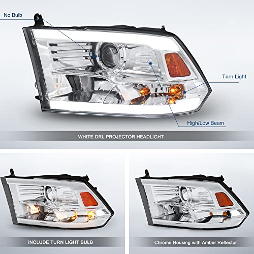 Mostplus Projector Headlight Assembly Compatible With 2009-2018 Dodge Ram 1500/2010-2018 Ram 2500 3500 Front Lamp With Led Drl-Chrome Housing/Clear Lens/Amber Reflector #TOP1