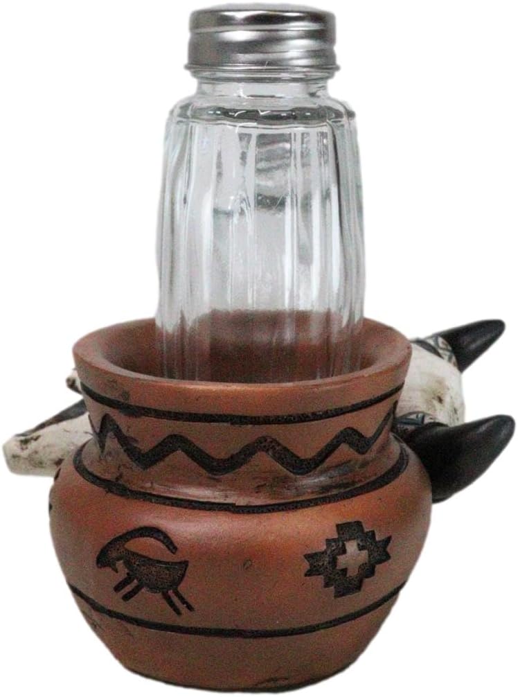 Ebros Gift Southwestern Native American Indian Buffalo Cow Skull With Hopi Canister Jar Glass Salt And Pepper Shakers Holder Figurine Set Decorative Home And Kitchen Accent